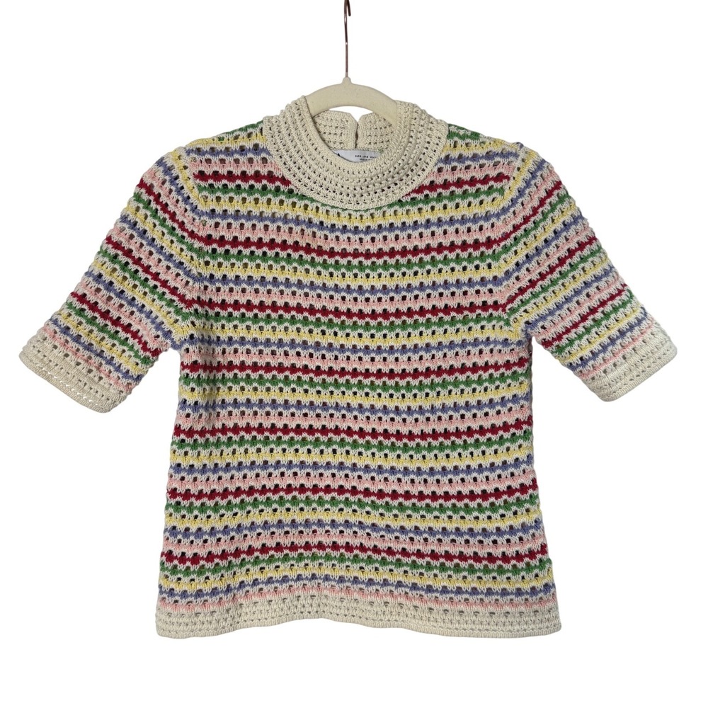 Zara Crochet Knit Top Womens Small Multicolor Stripe Short Sleeve Excellent
